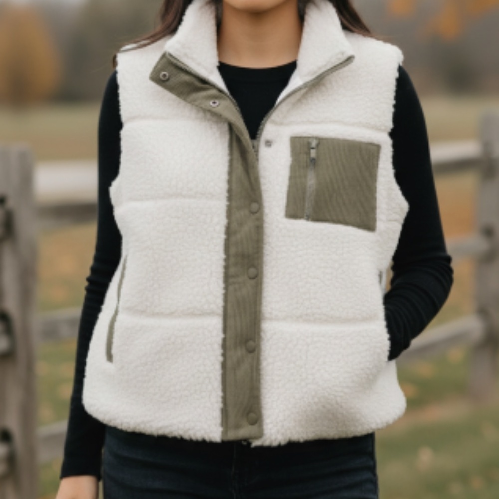 Ivory & Olive Green Faux Fur Vest